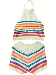 Striped Knitted Two Piece Set Halter Top & Shorts Outfit