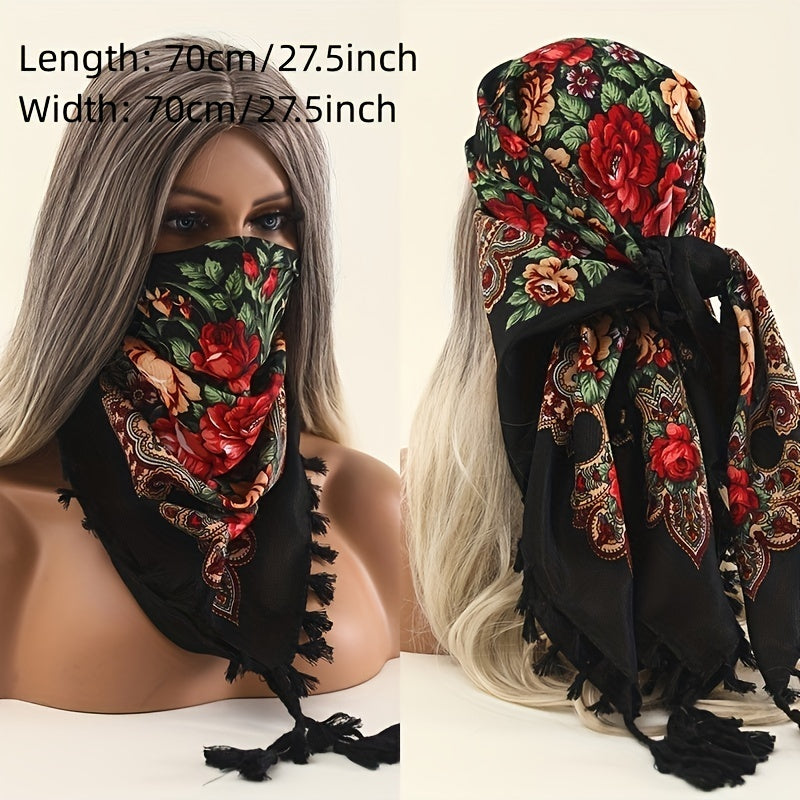 Vintage Print Square Scarf 27.5 Fringed Headband Sunscreen Warm Shawl