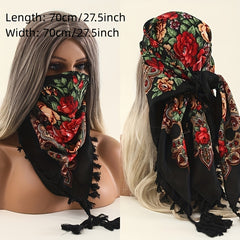 Vintage Print Square Scarf 27.5 Fringed Headband Sunscreen Warm Shawl