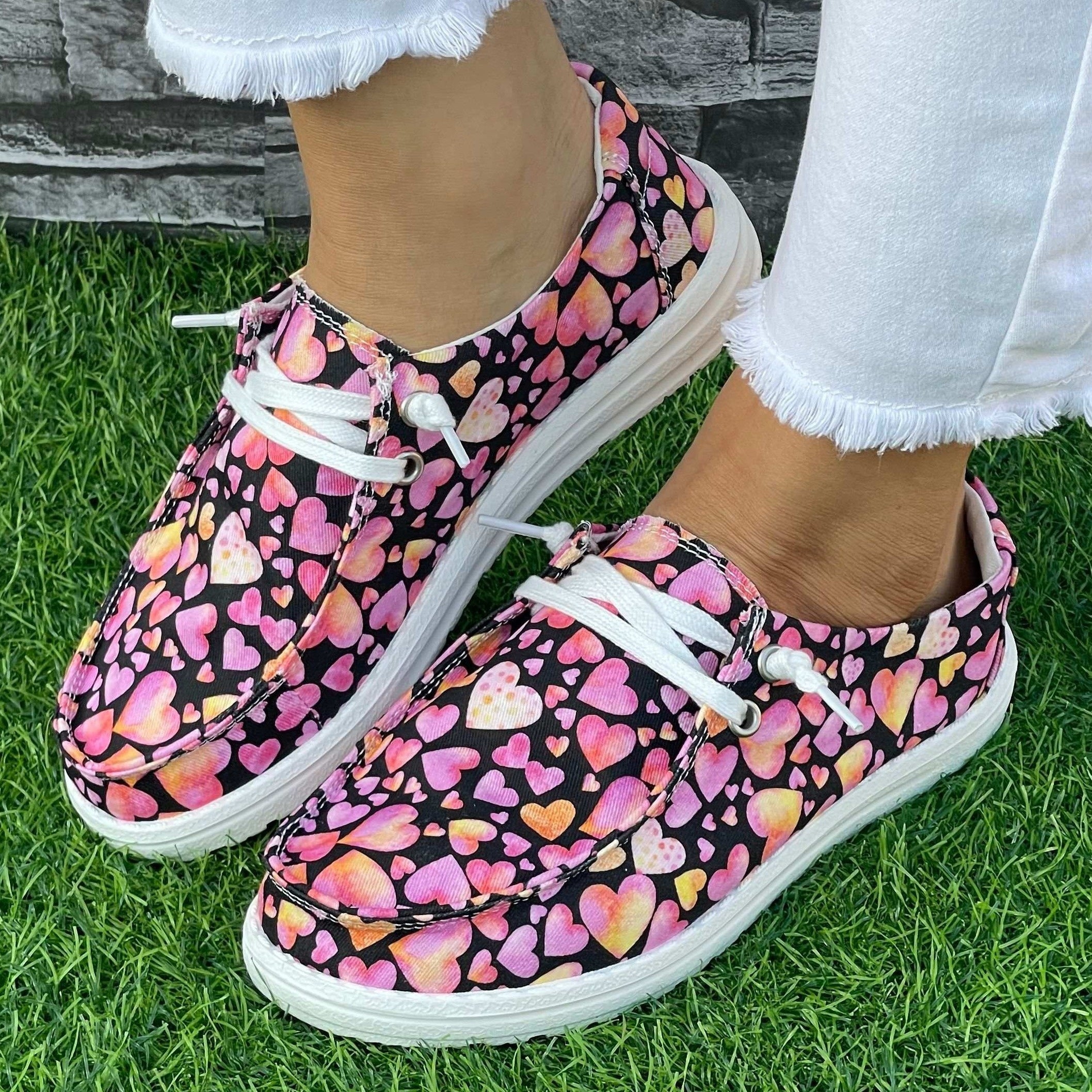 Pink Purple Love Heart Pattern Flat Shoes Women's Casual Lightweight