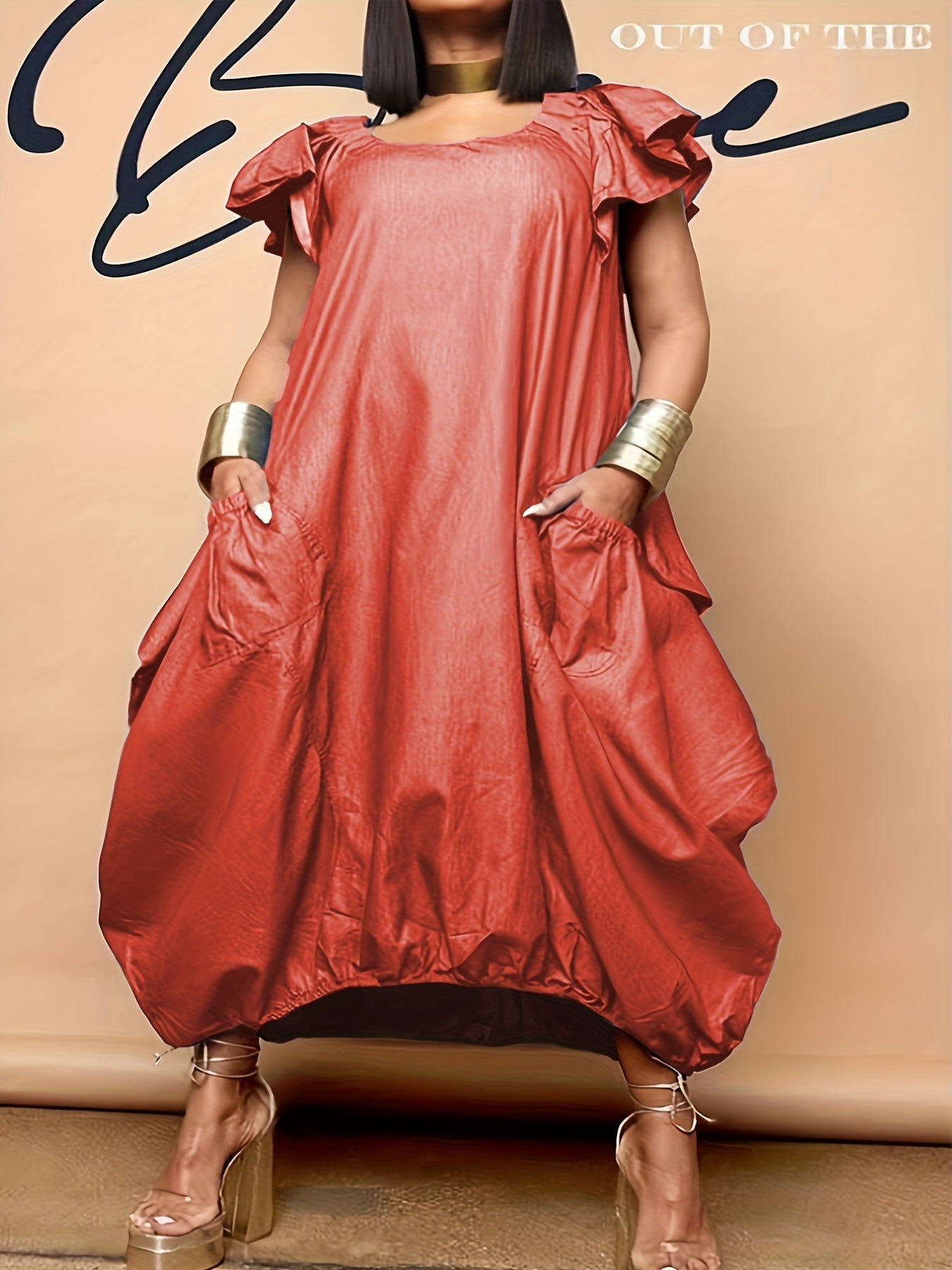 Plus Denim Print Butterfly Sleeve Round Neck Maxi Dress