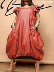 Plus Denim Print Butterfly Sleeve Round Neck Maxi Dress