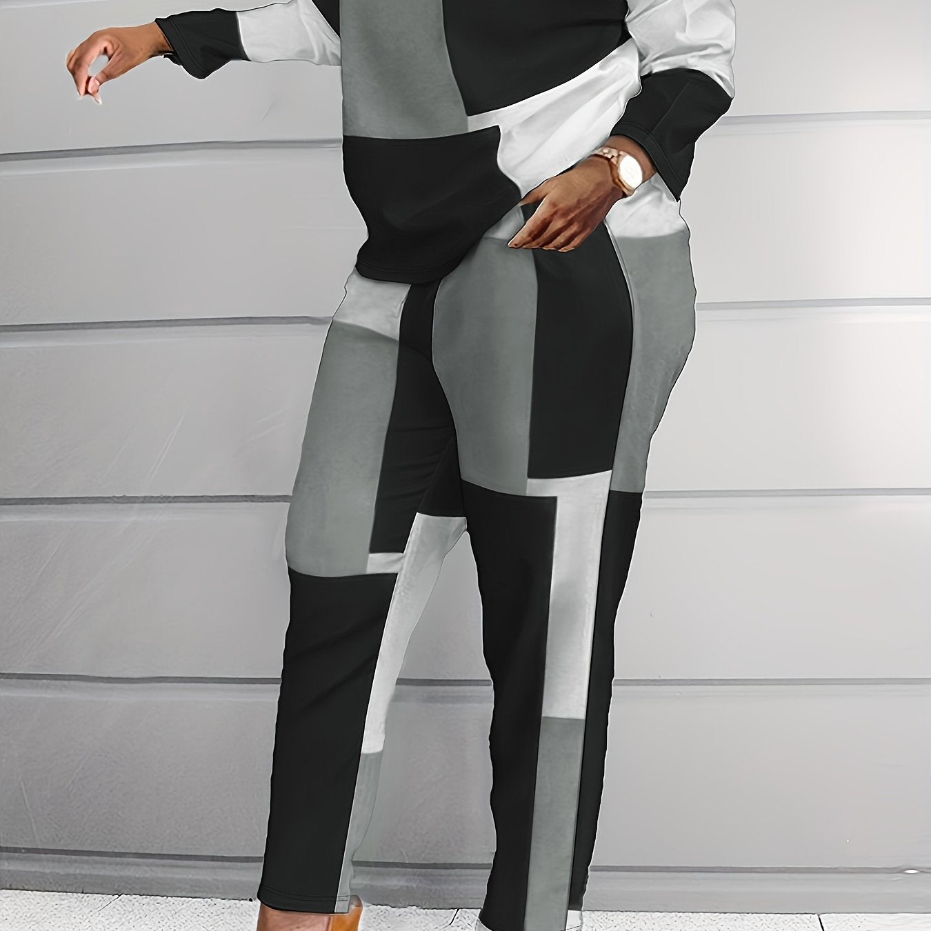 Colorblock Long Sleeve Tops & Pants Set Women's Plus Casual 2pcs Set