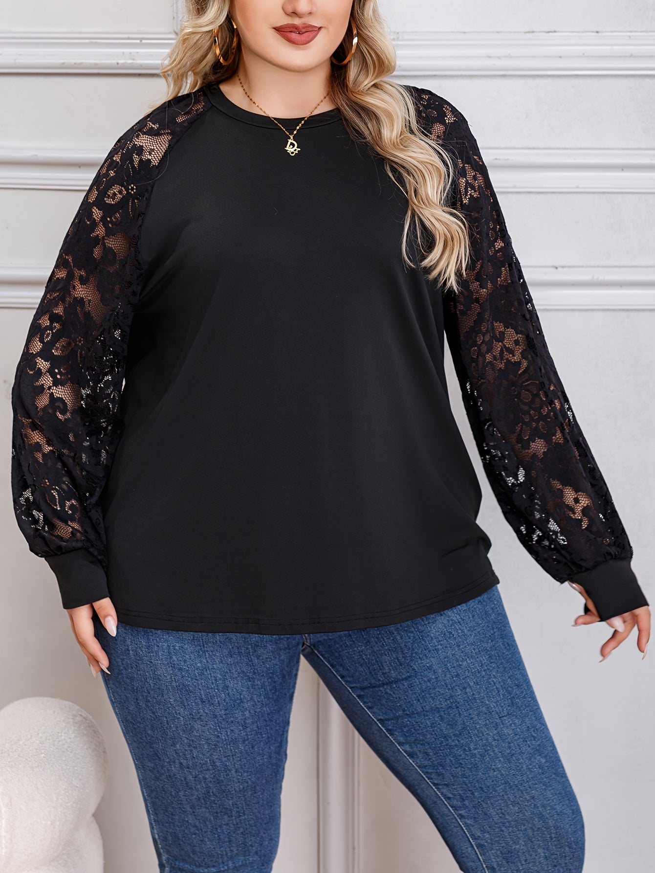 Casual Blouse Women's Plus Solid Contrast Lace Long Sleeve