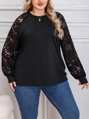 Casual Blouse Women's Plus Solid Contrast Lace Long Sleeve