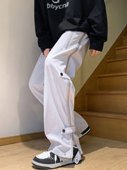 Men's Loose Button Decor Pants Active Breathable Drawstring Trousers