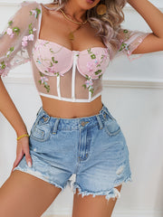 Floral Mesh Puff Sleeve Underwire Corset Top