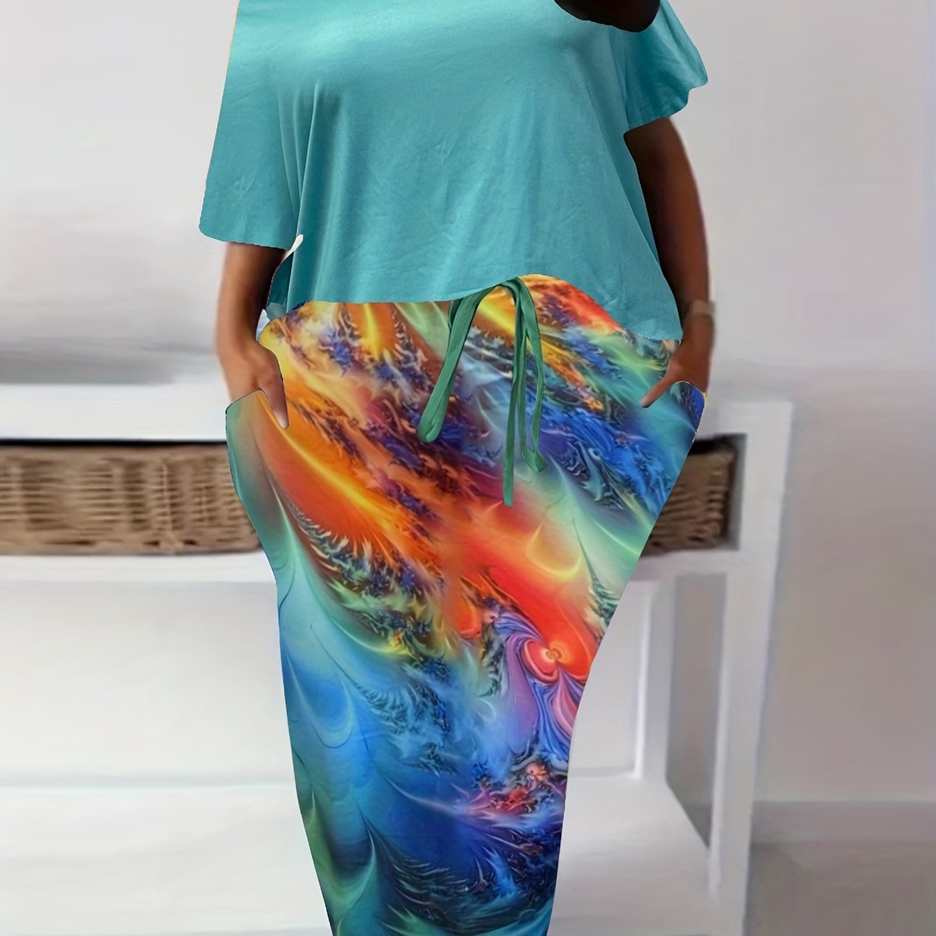 One Shoulder Batwing Sleeve Top & Printed Skirt Set