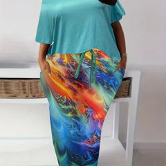 One Shoulder Batwing Sleeve Top & Printed Skirt Set