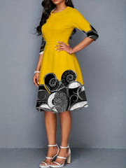Colorblock Geo Print Round Neck A-line Party Dress