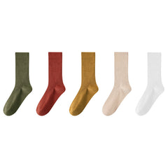 5 Pairs Japanese Style Soft Ribbed Knit Mid Tube Socks Women's Stockings