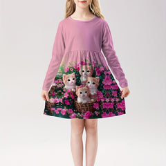 Girls Kitty Graphic Crew Neck Long Sleeve Dress 2-14y