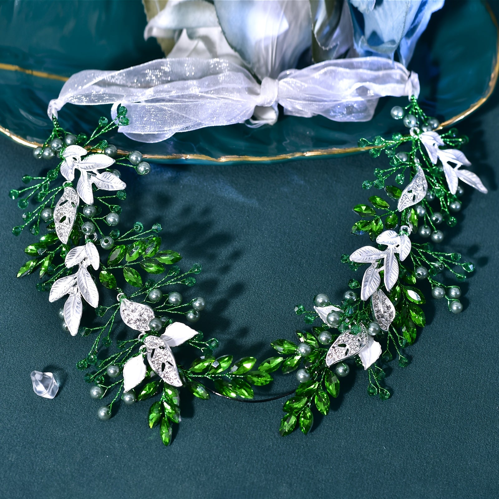 Bridal Wedding Headband with Green Rhinestones and Gemstone Accents