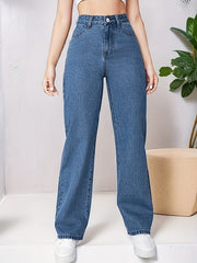 High Waist Straight Jeans Non Stretch Denim Pants