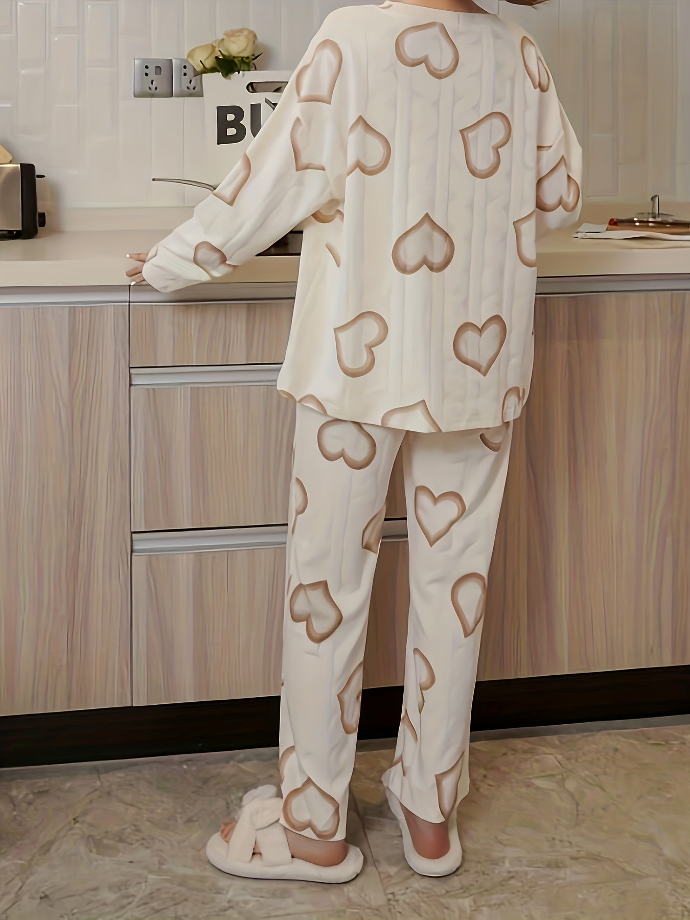 Heart Print Pajama Set Long Sleeve Crew Neck Top & Elastic Waistband Pants