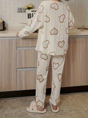 Heart Print Pajama Set Long Sleeve Crew Neck Top & Elastic Waistband Pants