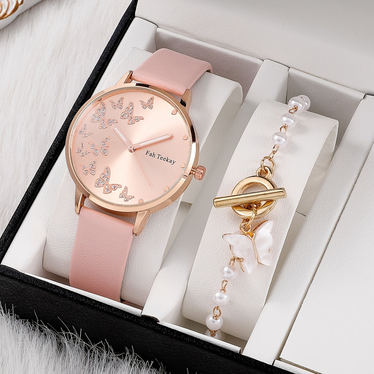 Girls Quartz Watch & Butterfly Pendant Bracelet Gift Set