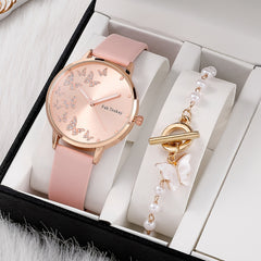 Girls Quartz Watch & Butterfly Pendant Bracelet Gift Set