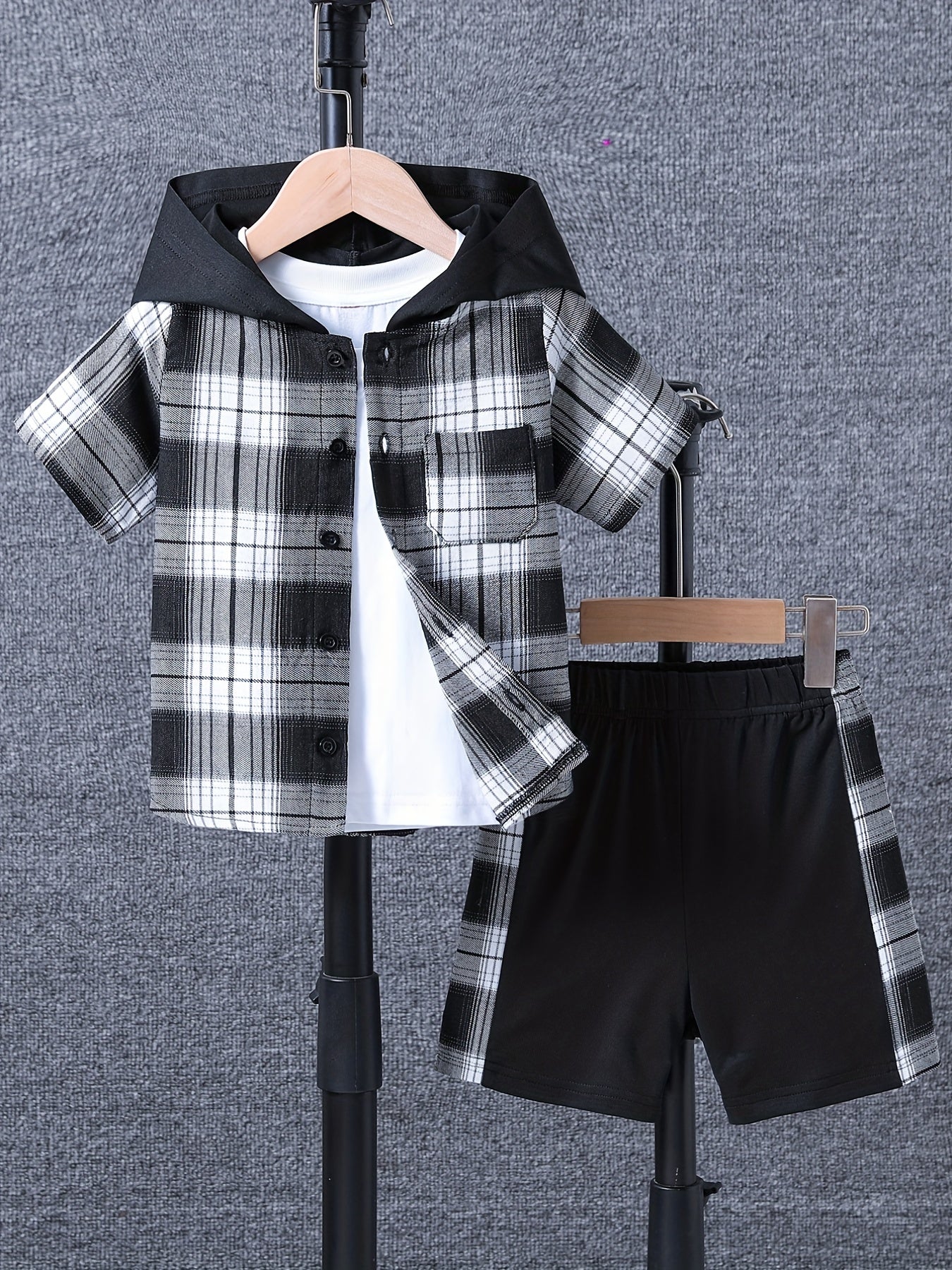 Boy's 2pcs Hooded Shirt & Shorts Set Plaid Print Casual Outfits Kids Clothes