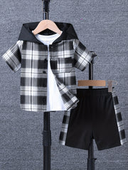 Boy's 2pcs Hooded Shirt & Shorts Set Plaid Print Casual Outfits Kids Clothes