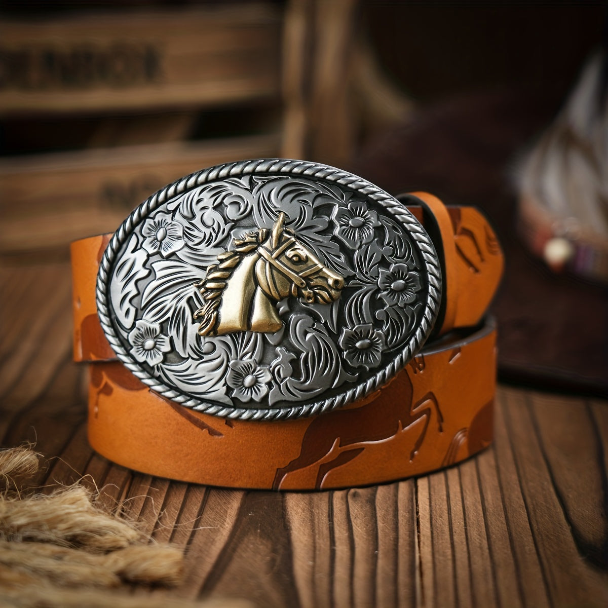 Men's Vintage Horse Embossed Dress Belt with Horse Buckle