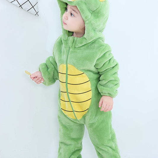 Dino Baby Flannel Romper Hooded Jumpsuit