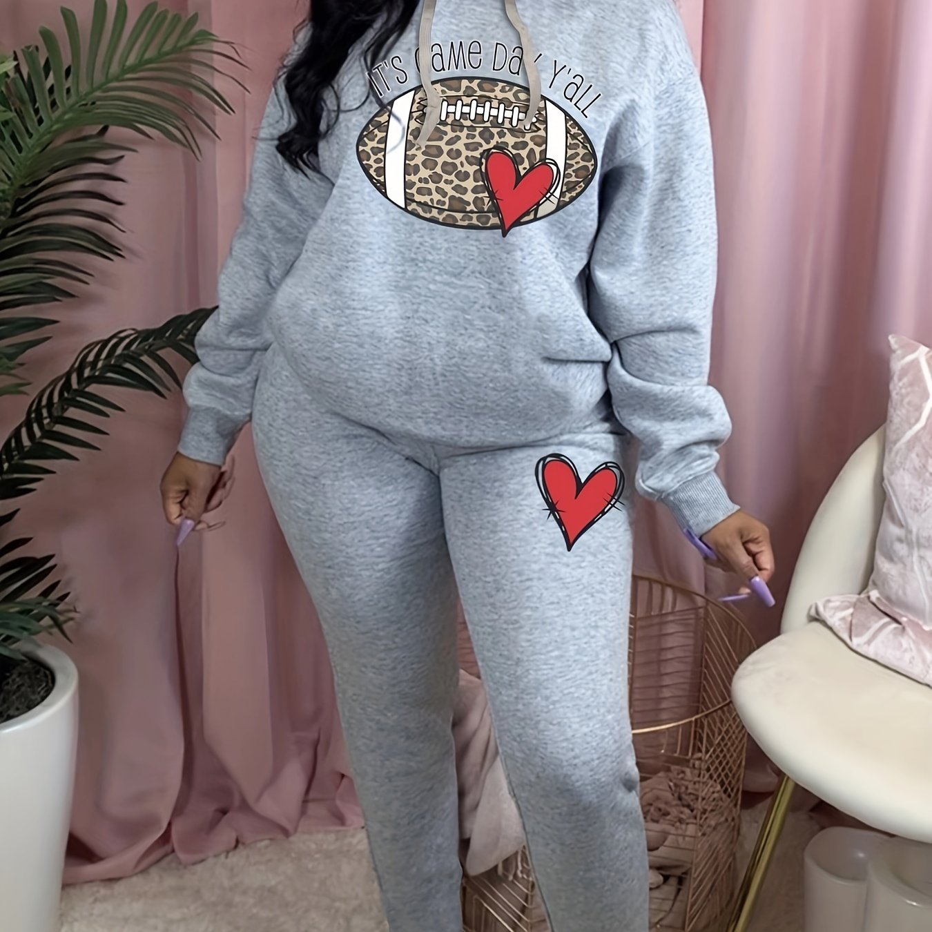 Women's Plus Leopard Rugby & Heart Print Hoodie & Sweatpants Set