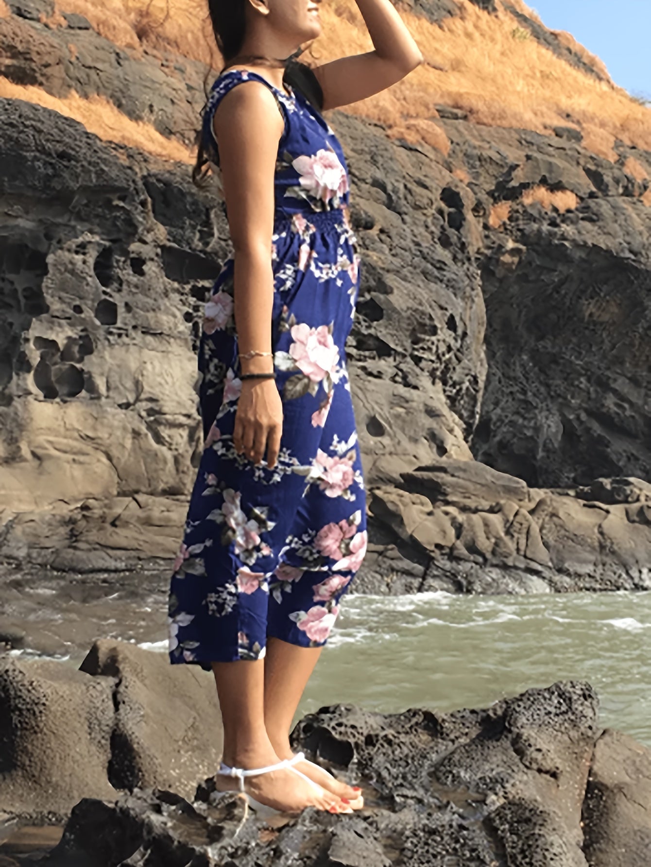 Floral Print Shirred Flared Dress Sleeveless Tank Dress Women's Clothing
