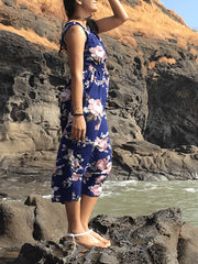 Floral Print Shirred Flared Dress Sleeveless Tank Dress Women's Clothing