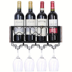 Wall Mounted Wine Rack For 4 Glasses Metal Bottle Holder Rustic Floating Shelf
