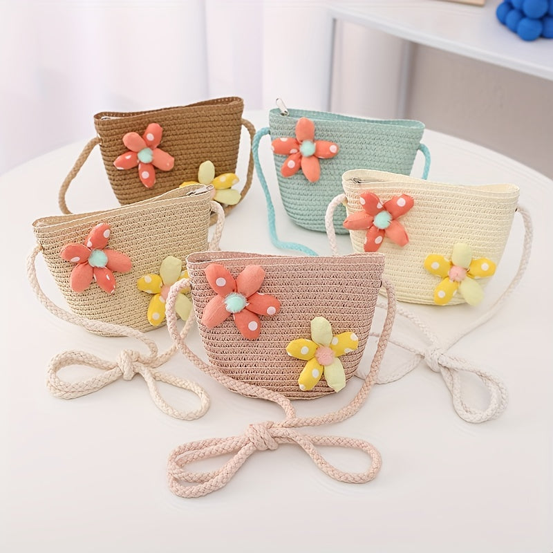 Girls Rabbit Flower Straw Bag Crossbody Bag Messenger Bag Coin Purse