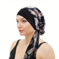 Leaf Print Head Scarf Hat Hair Turban Cap Elastic Night Cap Women