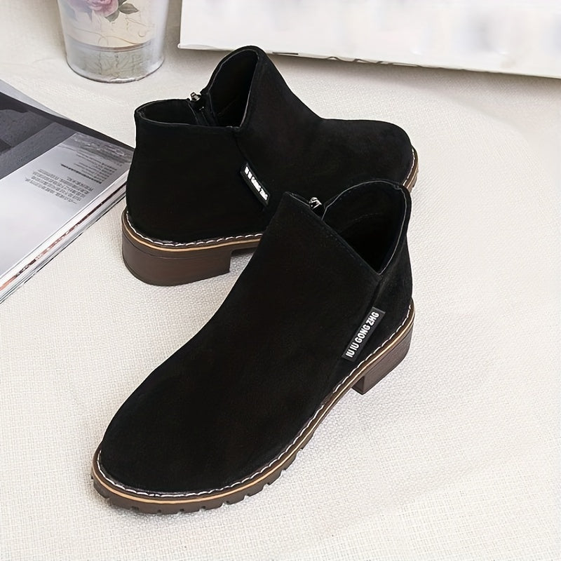 Women's Chunky Heeled Ankle Boots Solid Side Zipper Shoes Low Heel Short Boots