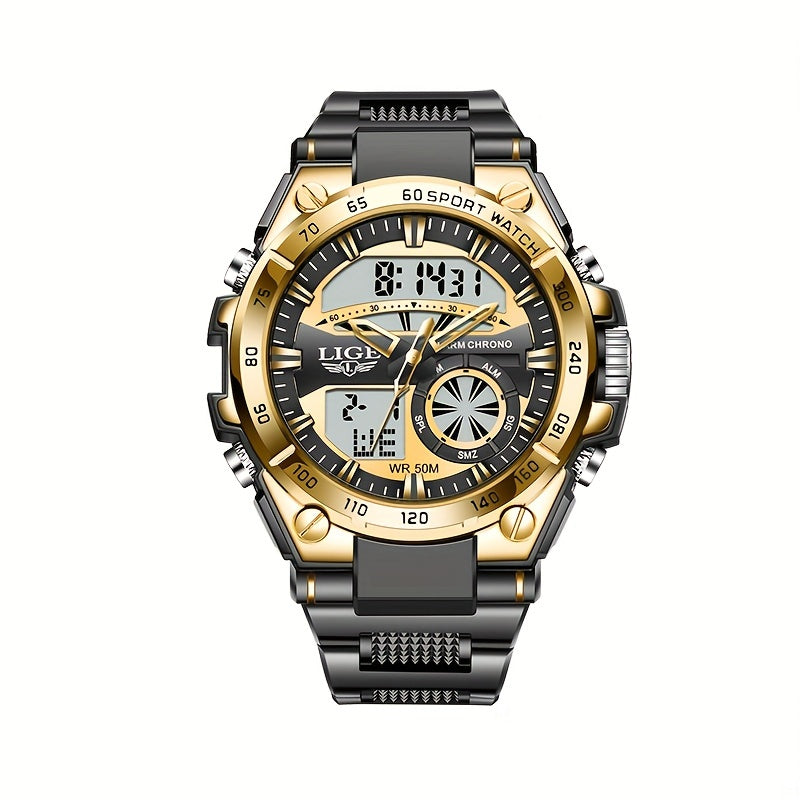 LIGE Sports Dual Display Watch 50M Waterproof Quartz Military Alarm Clock