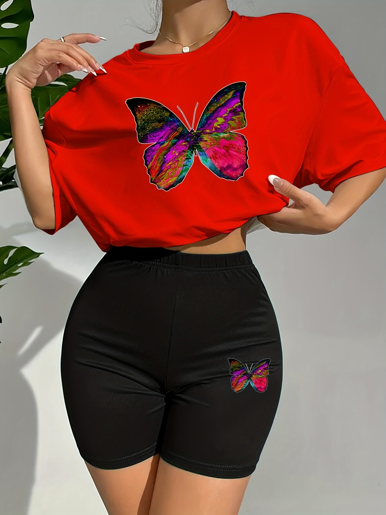 Butterfly Print Lounge Set Short Sleeve Crew Neck Top & Elastic Waistband Shorts
