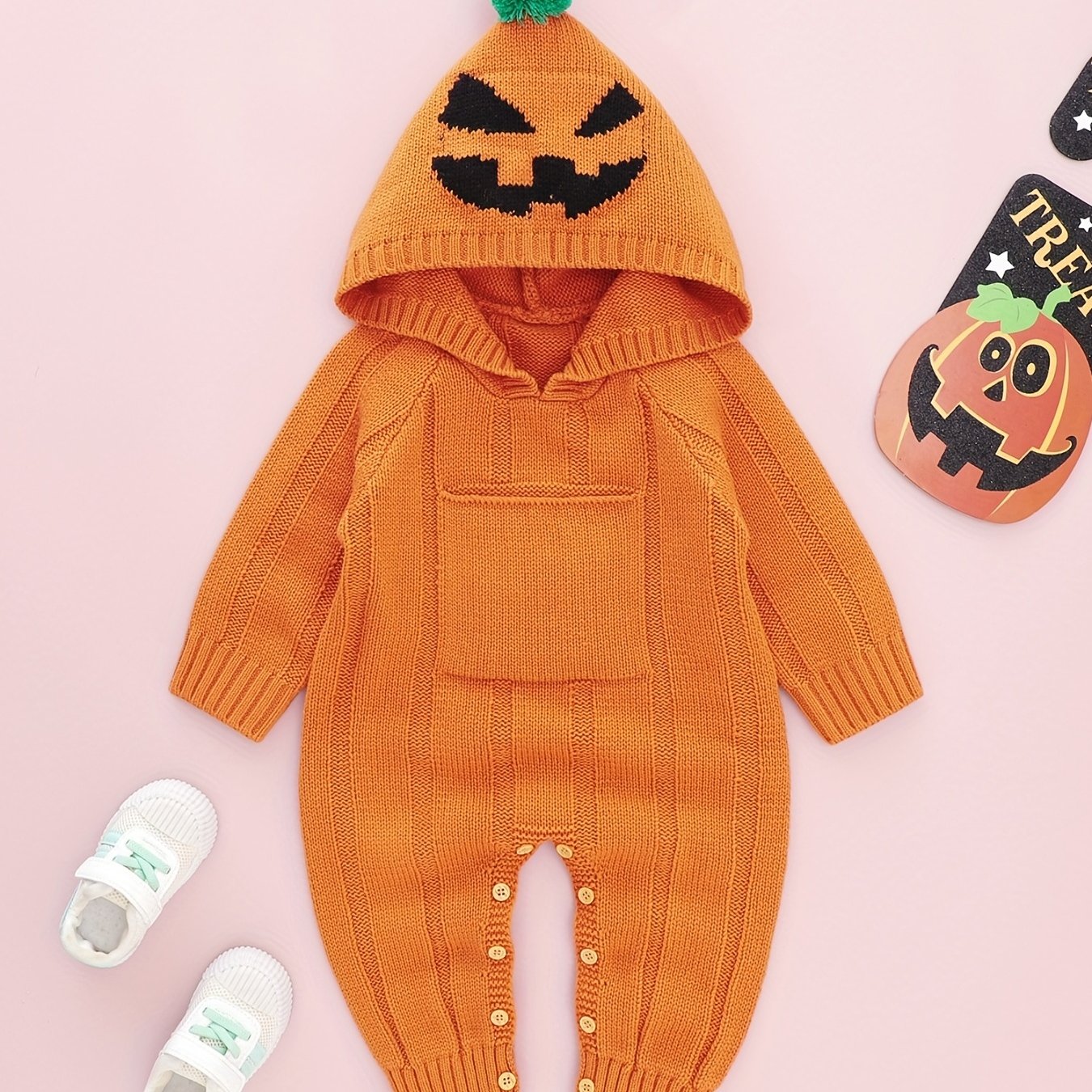 Baby Pumpkin Pattern Sweater Knit Bodysuit Halloween Party Hooded Romper