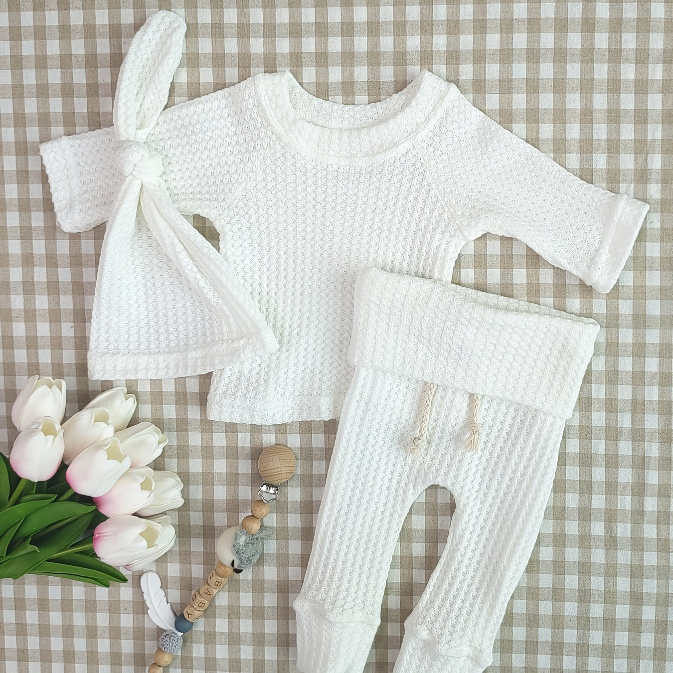 Unisex Baby Waffle Set Long Sleeve Top Trousers Hat 3pcs