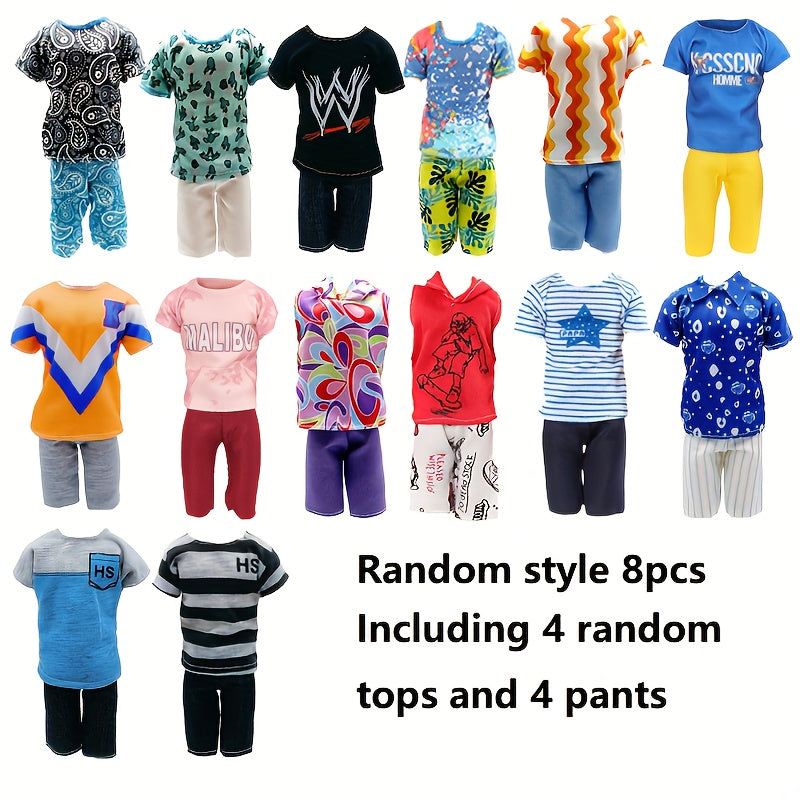 8 Pack Doll House Doll Costumes Set, Male Doll Clothing Assorted Tops and Pants