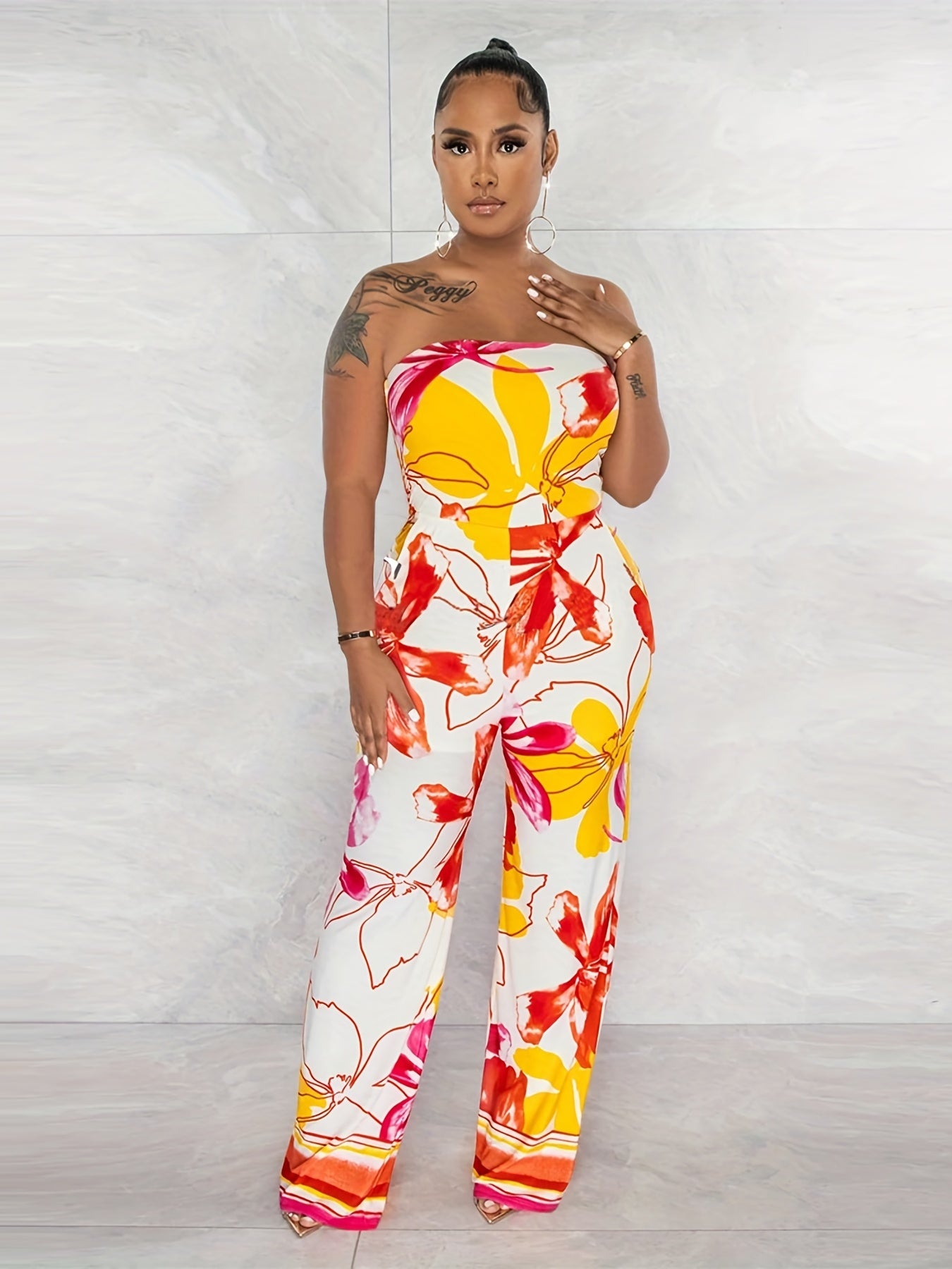 Tropical Floral Print Tube Jumpsuit Off Shoulder Summer Wide Leg Jumpsuit