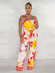 Tropical Floral Print Tube Jumpsuit Off Shoulder Summer Wide Leg Jumpsuit