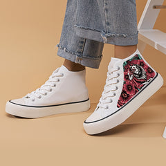 Flower Print Chunky Canvas Sneakers High Top Skate Shoes
