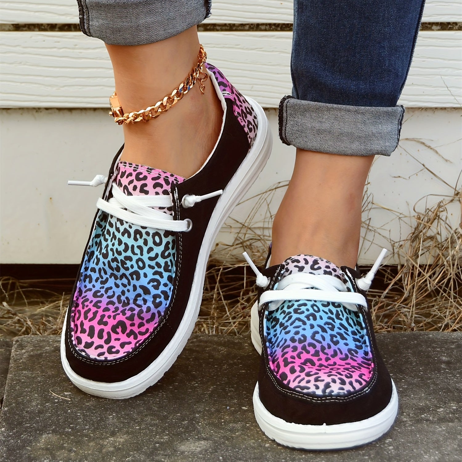 Leopard Print Boat Shoes Lace Up Casual Canvas Sneakers Lightweight