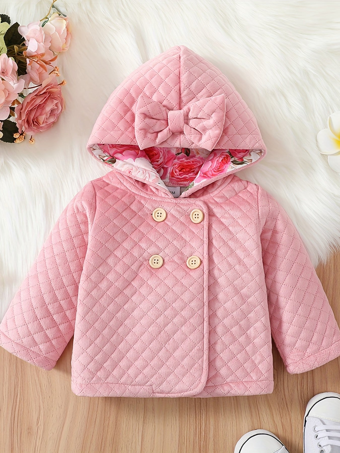 Cute Baby Girl Pink Quilted Bow Hooded Coat