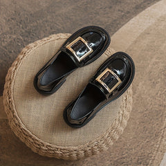 Square Buckle Loafers Faux Leather Chunky Heel Shoes