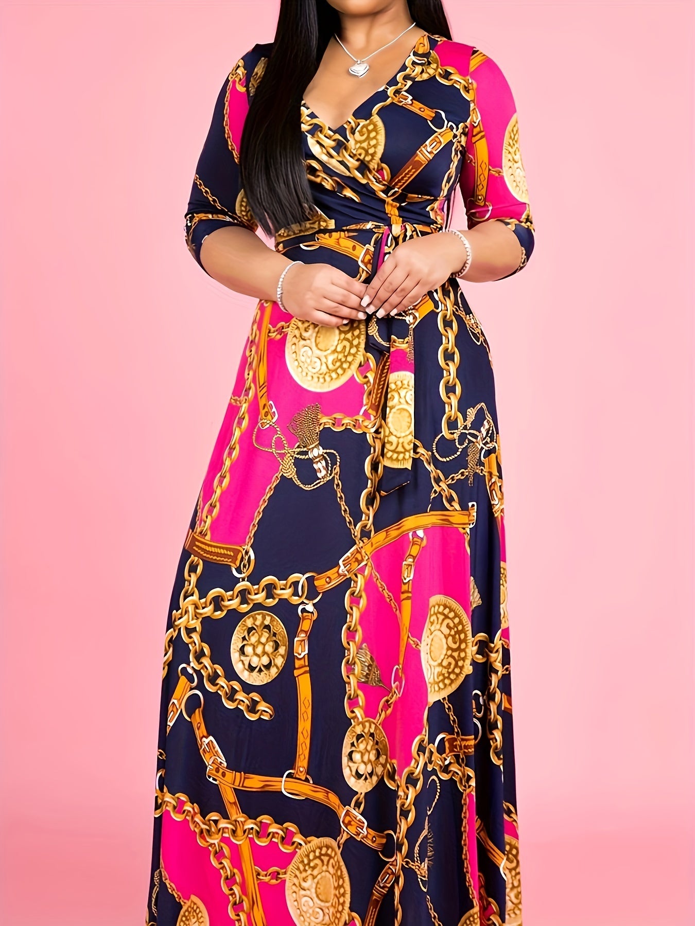Chain Print Half Sleeve Surplice Neck Maxi Dress With Belt
