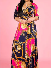 Chain Print Half Sleeve Surplice Neck Maxi Dress With Belt