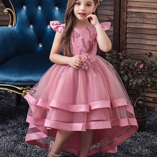 Girls Mesh Flower Embroidered Princess Dress Party Performance