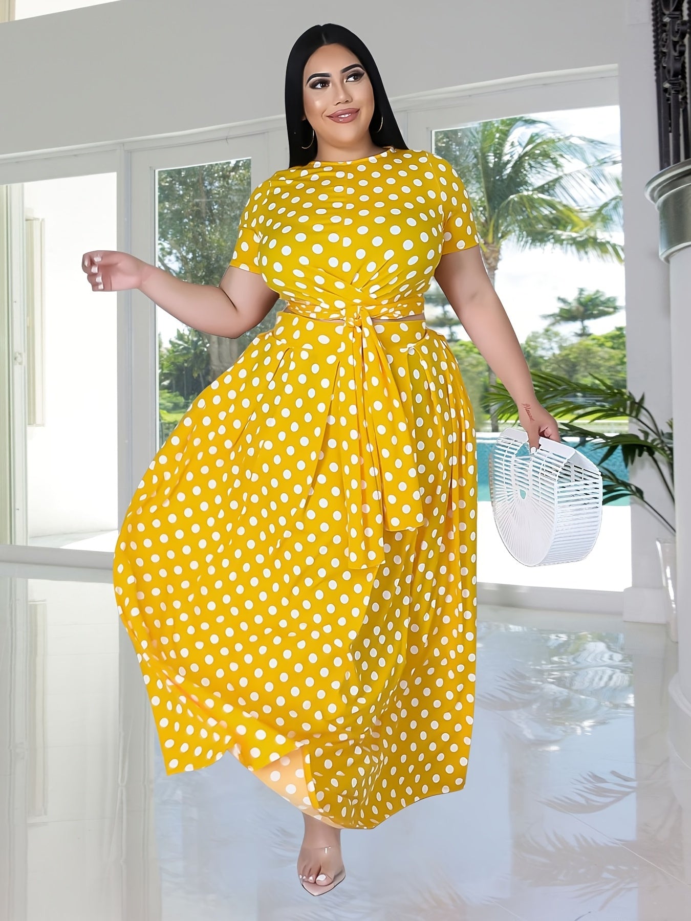 Polka Dot Print Short Sleeve Crop Top & Maxi Skirt Set