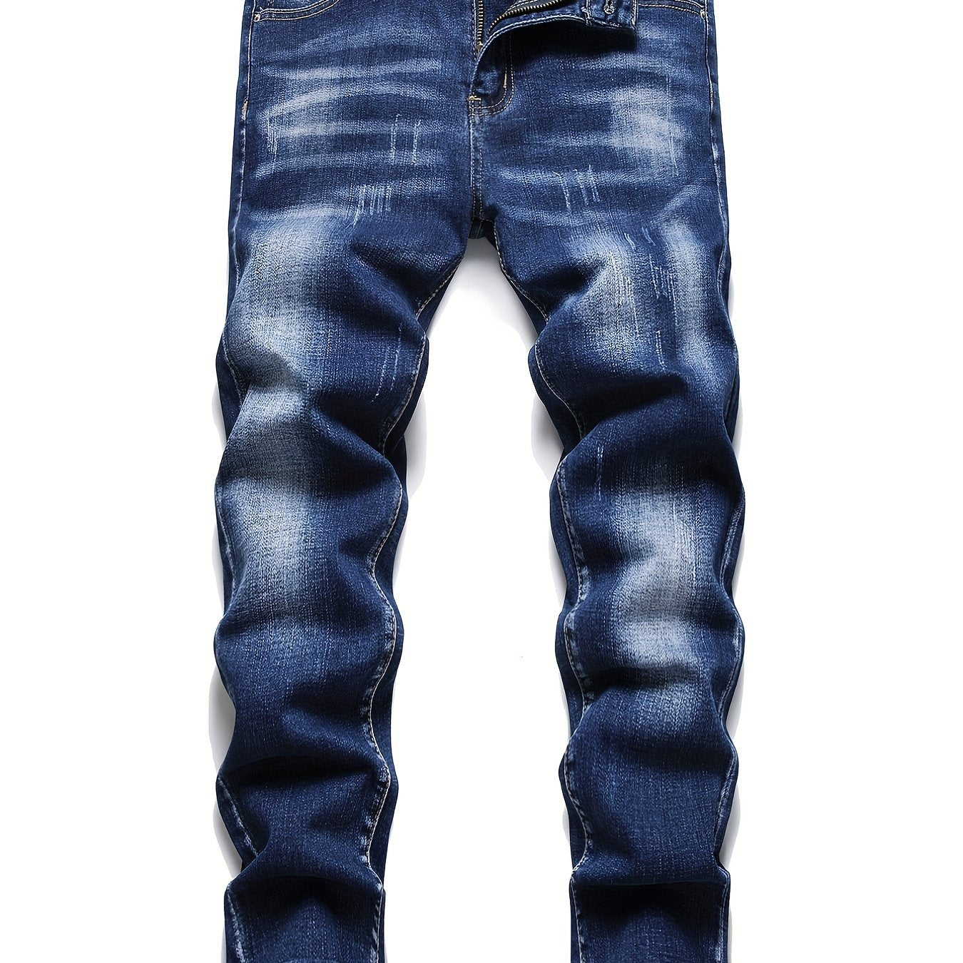 Navy Washed Slim Fit Jeans Men's Casual Street Style High Stretch Denim Pants