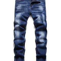 Navy Washed Slim Fit Jeans Men's Casual Street Style High Stretch Denim Pants